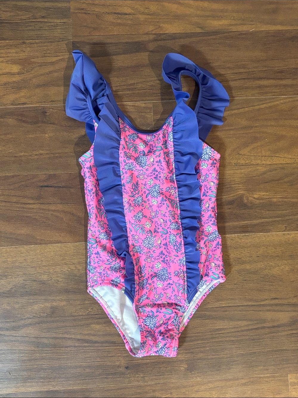 Girls' Pink Floral One-Piece Swimsuit with Purple Ruffle Trim